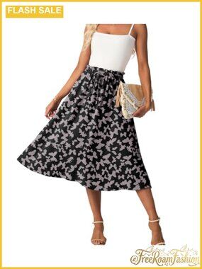 High Waist A-Line Midi Skirt Below Knee Flowy with Pockets